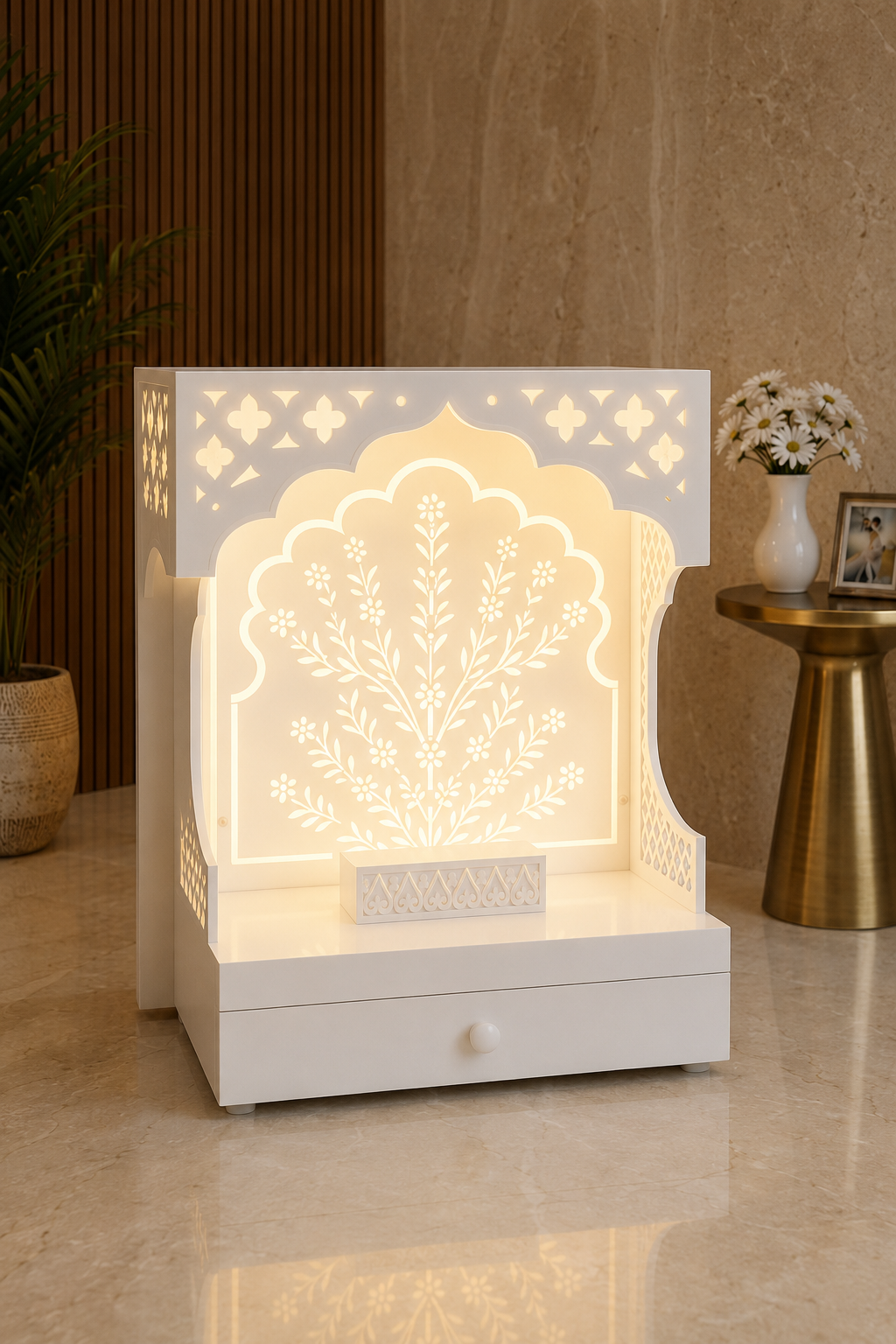 Backlit fully white Corian temple with botanical artwork, carved altar tray and round Corian knob