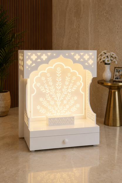 Backlit fully white Corian temple with botanical artwork, carved altar tray and round Corian knob