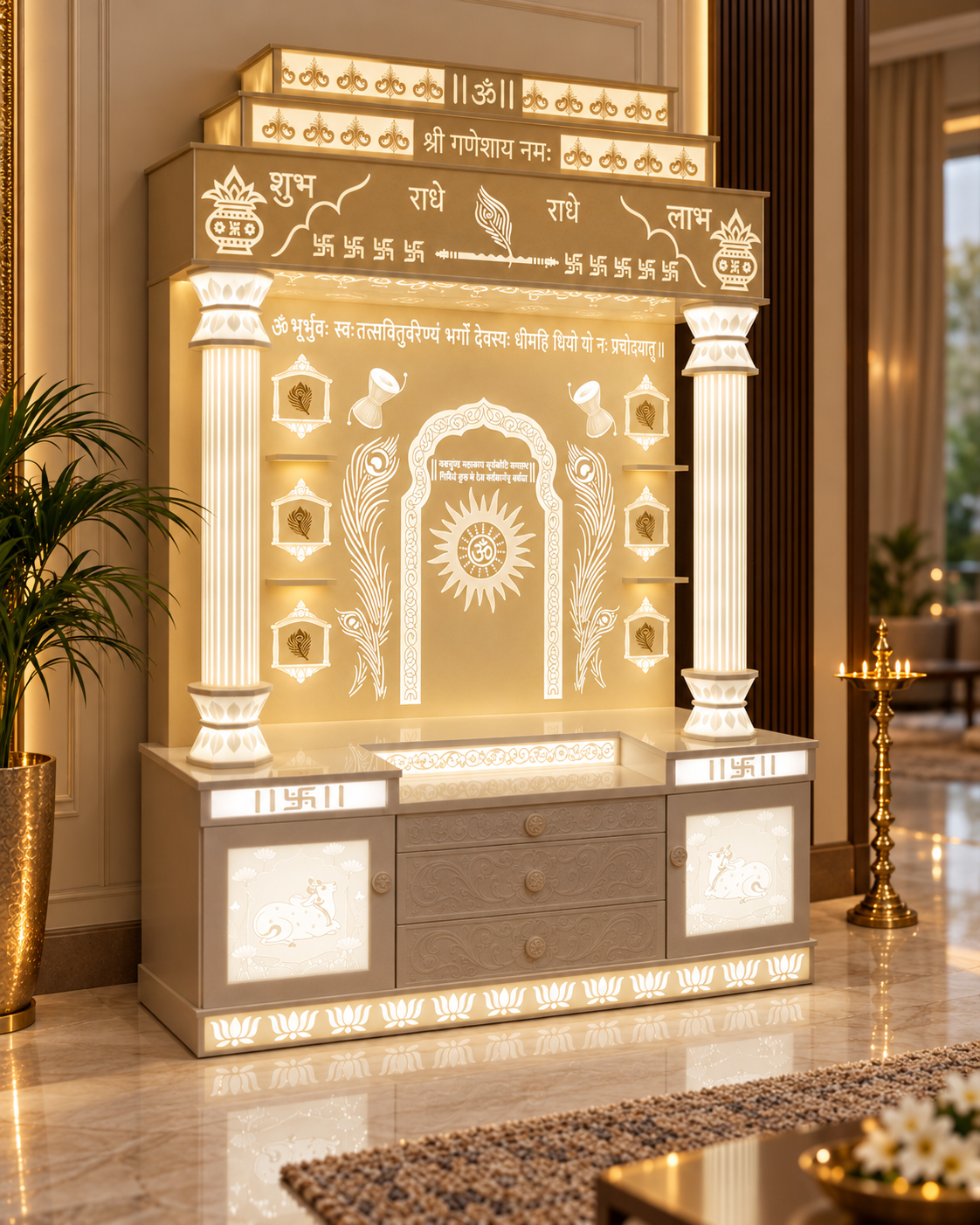 Left angle of the imported Corian Bholenath mandir showing its stepped crown, backlit pillars and storage base