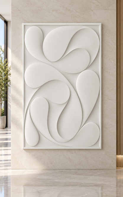 Interlocking Ribbon Flow Corian Wall Panel CWP-619, front view in a Mumbai home setting; AI-assisted concept