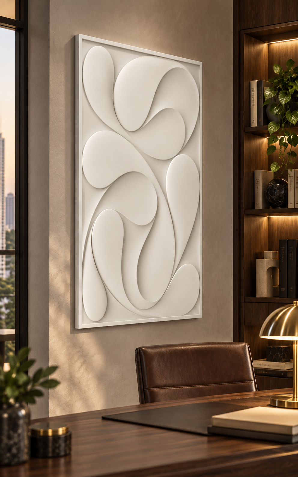 Interlocking Ribbon Flow Corian Wall Panel CWP-619, left view in a Mumbai home setting; AI-assisted concept