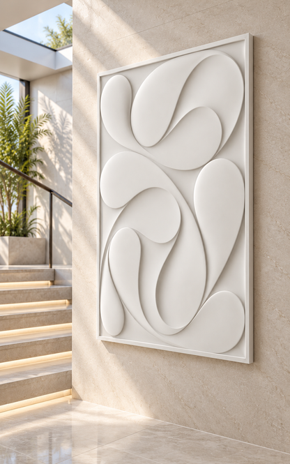 Interlocking Ribbon Flow Corian Wall Panel CWP-619, right view in a Mumbai home setting; AI-assisted concept