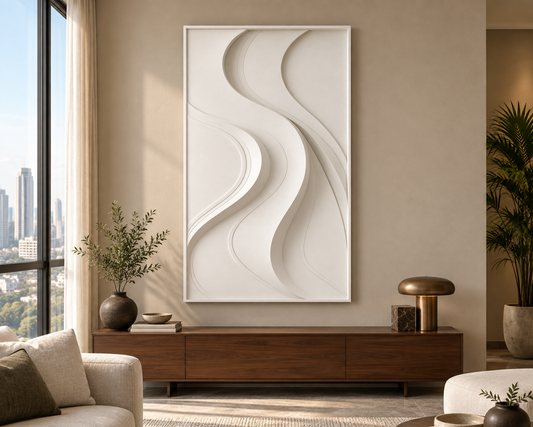 Interlocking S-Curve Corian Wall Panel CWP-434, front view in a luxury Mumbai contemporary living room; white Corian relief concept visualisation