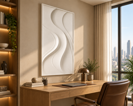 Interlocking S-Curve Corian Wall Panel CWP-434, left view in a luxury Mumbai home office; white Corian relief concept visualisation