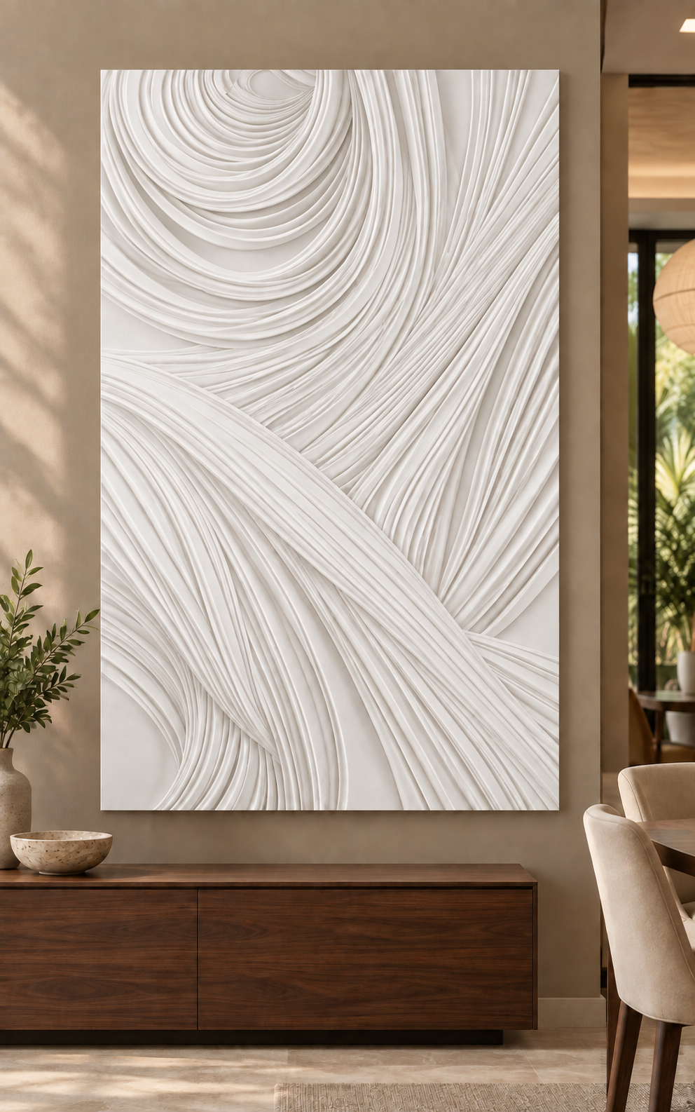 Interwoven Cascade Corian wall panel, front view in a Mumbai dining room accent wall; AI-assisted concept visualisation