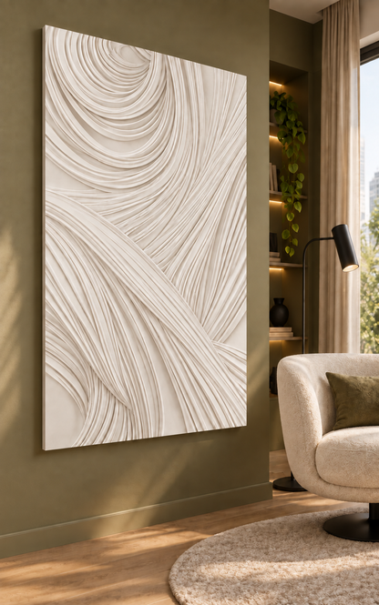 Interwoven Cascade Corian wall panel, left view in a Mumbai living room reading area; AI-assisted concept visualisation