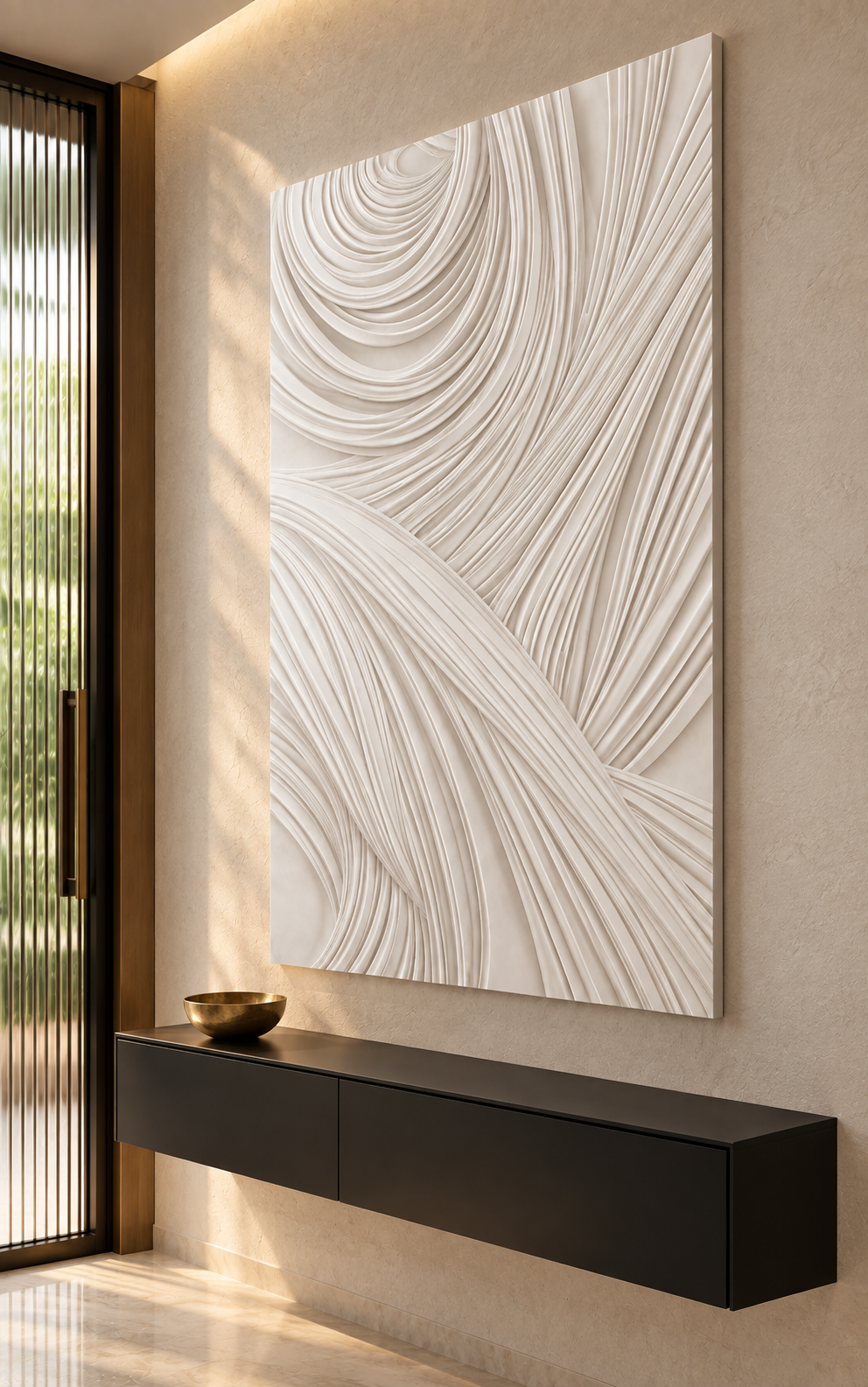 Interwoven Cascade Corian wall panel, right view in a Mumbai entrance console wall; AI-assisted concept visualisation