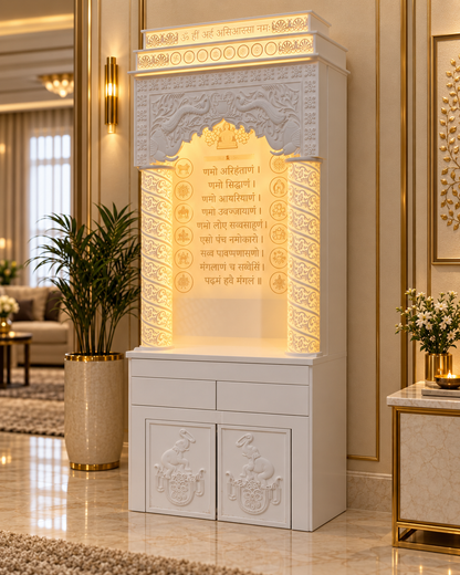 Right angle of a floor standing Jain Corian mandir with Navkar Mantra backdrop, 3D carved panels and hidden storage