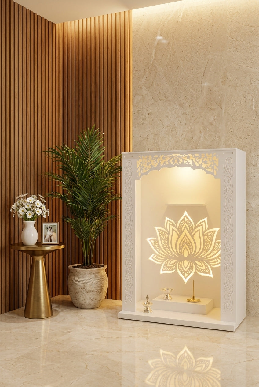 Jain Corian Temple for Home — Round Pillar Design — Luxury Home Interior — Satguru Creations