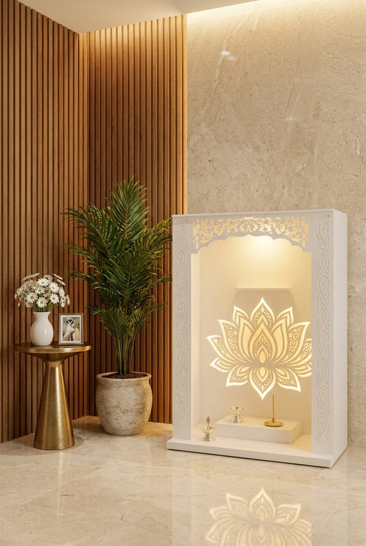 Jain Corian Temple for Home — Round Pillar Design — Luxury Home Interior — Satguru Creations