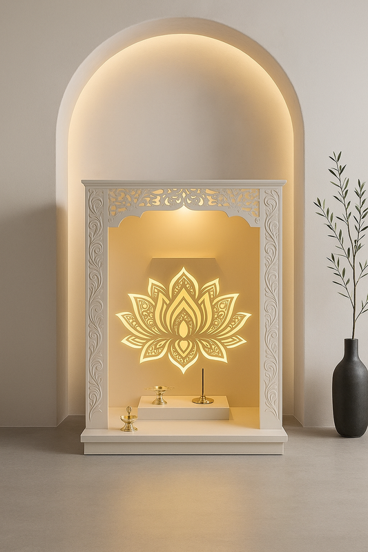 Jain Corian Temple for Home — Round Pillar Design — Luxury Indian Home Interior — Satguru Creations