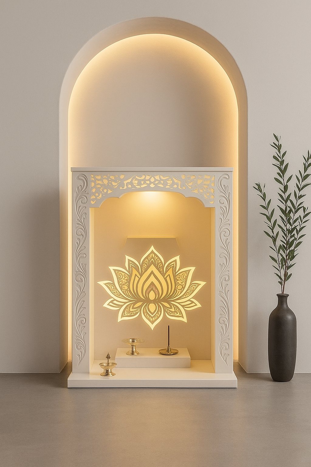 Jain Corian Temple for Home — Round Pillar Design — Luxury Indian Home Interior — Satguru Creations