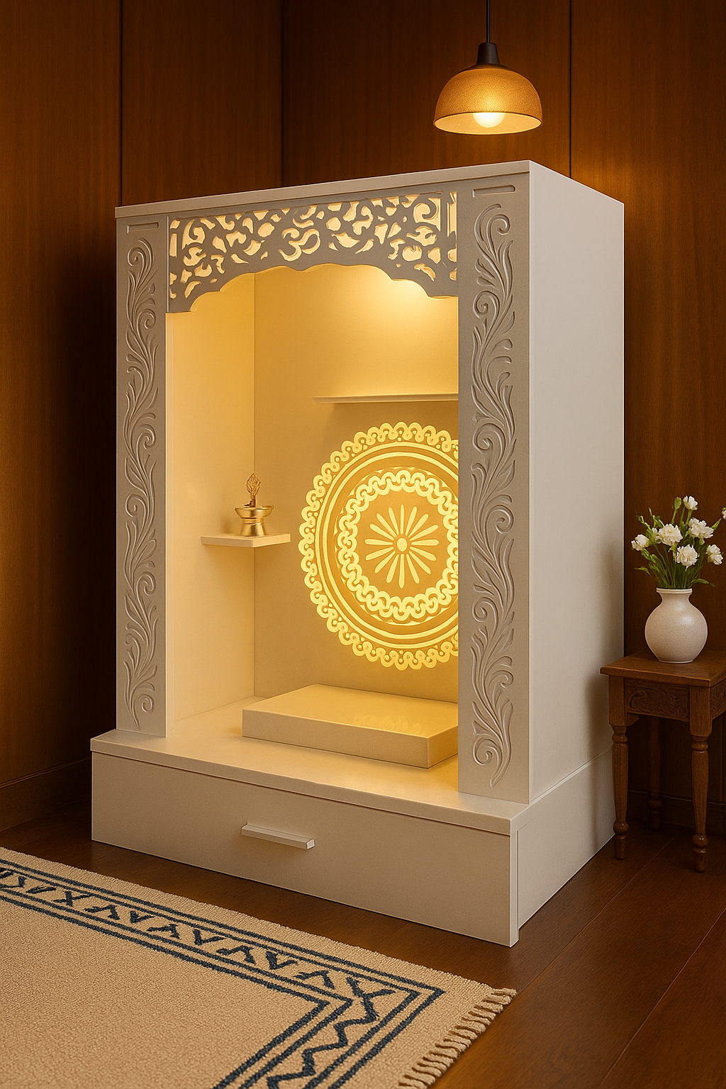 Jain Corian Temple for Home — Round Pillar Design — Luxury Indian Home Interior — Satguru Creations
