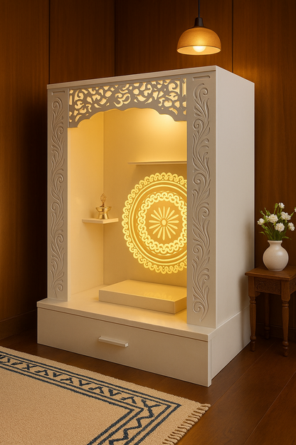 Jain Corian Temple for Home — Round Pillar Design — Luxury Indian Home Interior — Satguru Creations