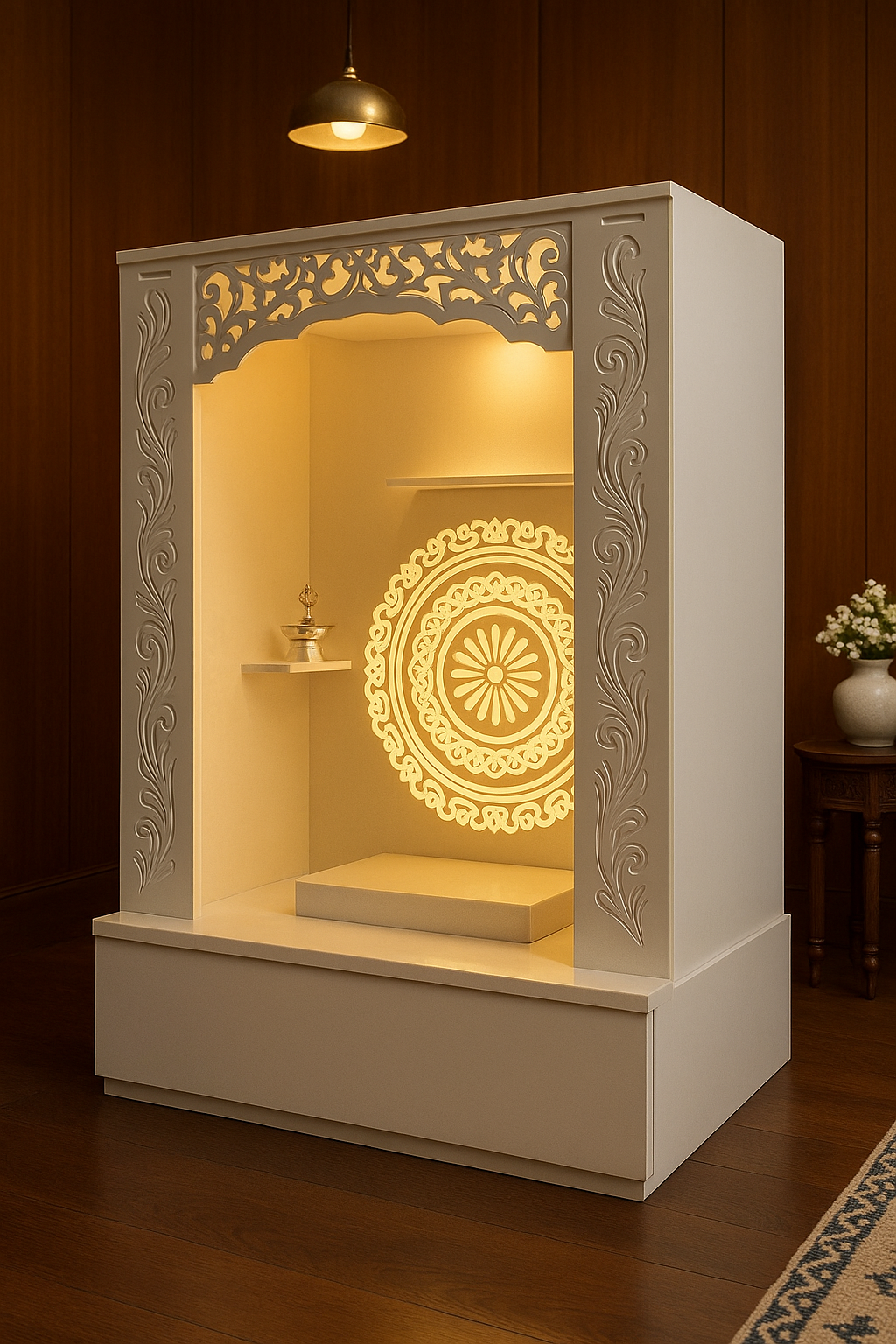 Jain Corian Temple for Home — Round Pillar Design — Luxury Indian Home Interior — Satguru Creations