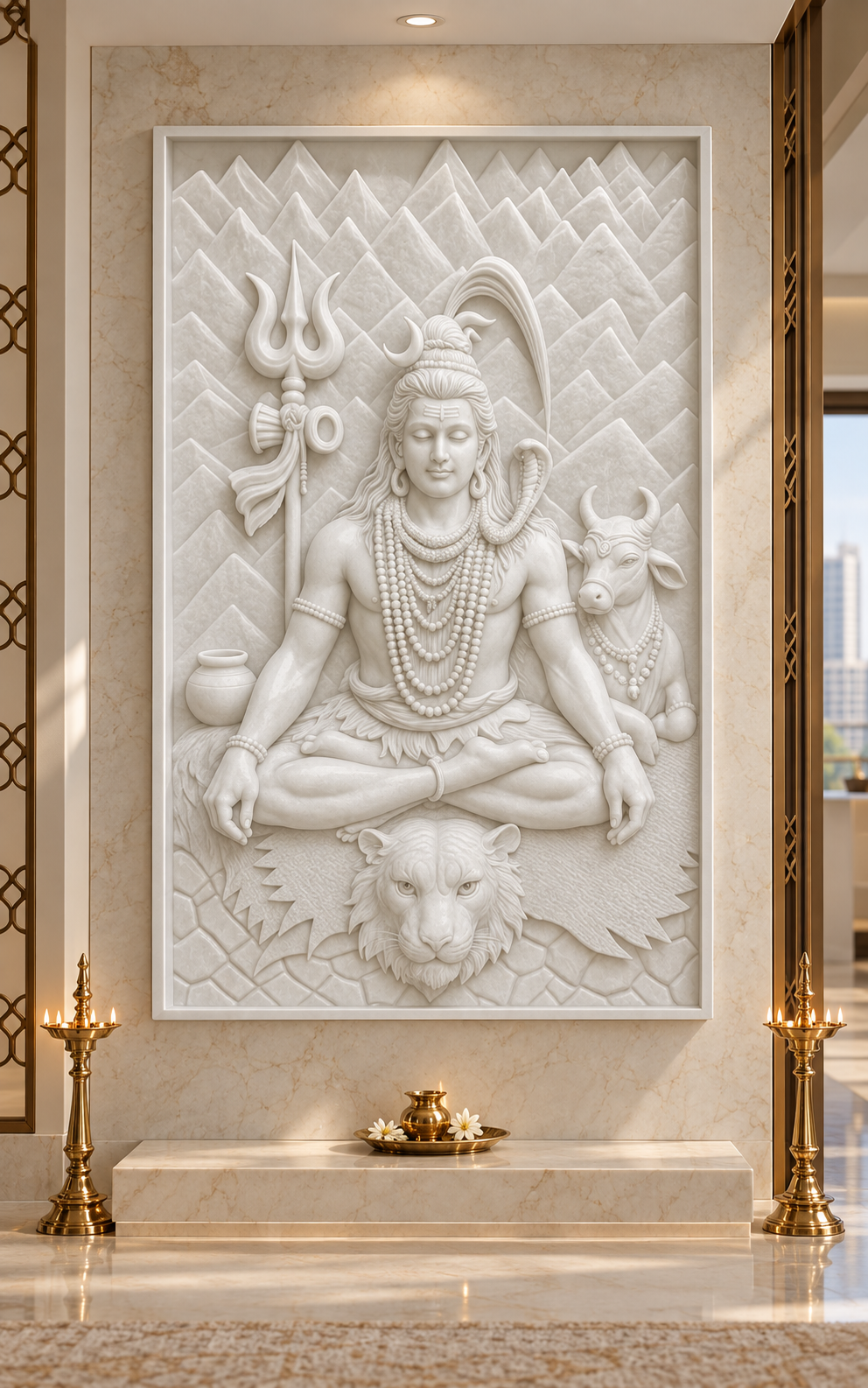 Kailash Shiva and Nandi Corian wall panel, 2.5 x 4 ft, front view in a Marble family prayer room