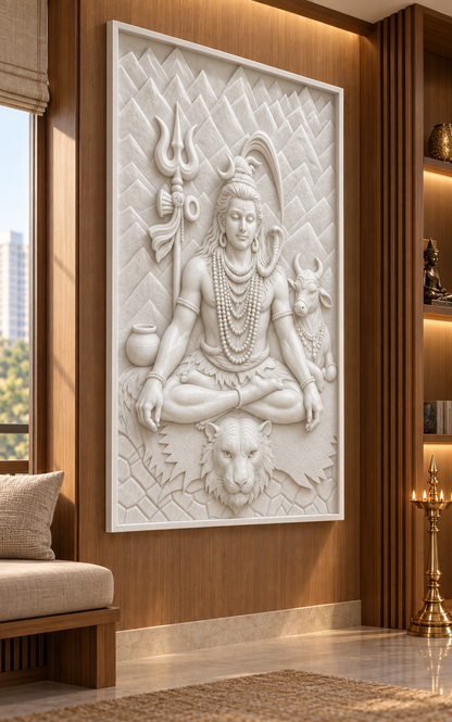 Kailash Shiva and Nandi Corian wall panel, 2.5 x 4 ft, left view in a Teak meditation alcove