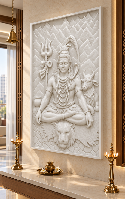 Kailash Shiva and Nandi Corian wall panel, 2.5 x 4 ft, right view in a Warm limestone pooja corner