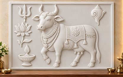 Kamdhenu Sacred Emblems Corian wall panel, front view in a Mumbai dedicated home shrine; AI-assisted concept visualisation