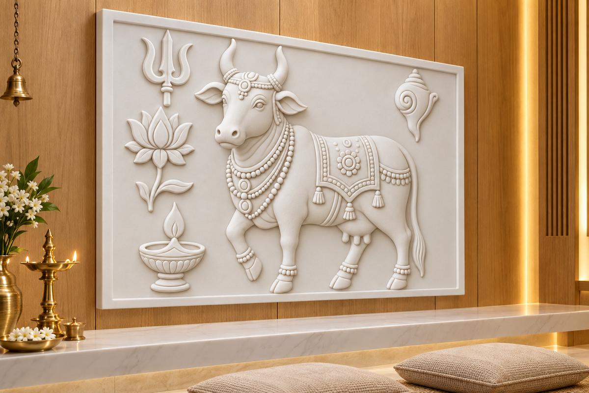 Kamdhenu Sacred Emblems Corian wall panel, left view in a Mumbai family prayer room; AI-assisted concept visualisation