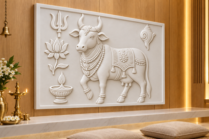 Kamdhenu Sacred Emblems Corian wall panel, left view in a Mumbai family prayer room; AI-assisted concept visualisation