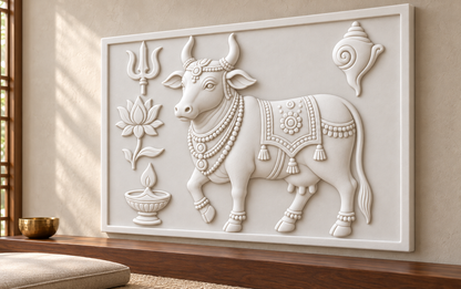 Kamdhenu Sacred Emblems Corian wall panel, right view in a Mumbai devotional meditation alcove; AI-assisted concept visualisation