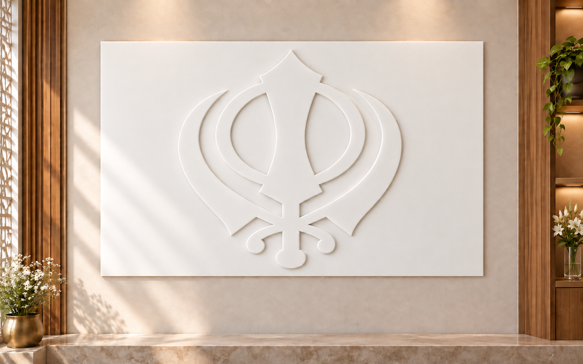 Khanda Emblem Corian Wall Panel CWP-430, front view in a luxury Mumbai dedicated Sikh home prayer room; white Corian relief concept visualisation