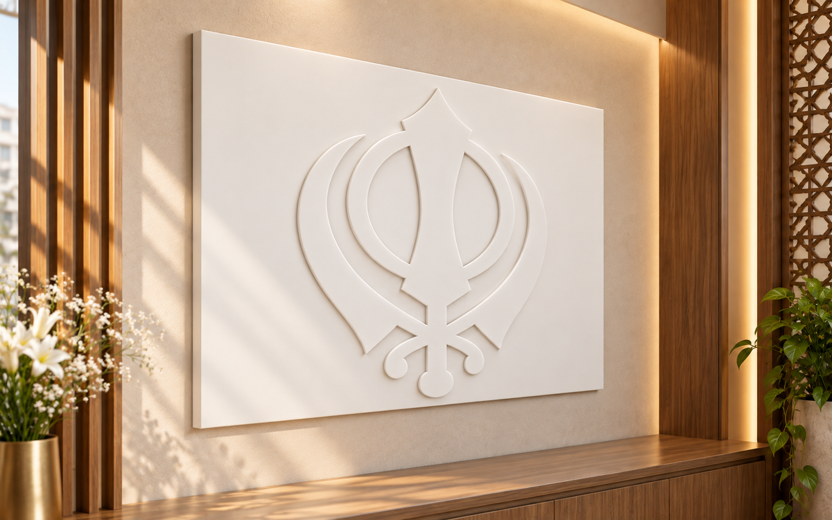 Khanda Emblem Corian Wall Panel CWP-430, left view in a luxury Mumbai dedicated devotional alcove; white Corian relief concept visualisation