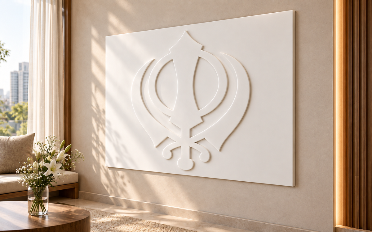 Khanda Emblem Corian Wall Panel CWP-430, right view in a luxury Mumbai quiet reflection room; white Corian relief concept visualisation