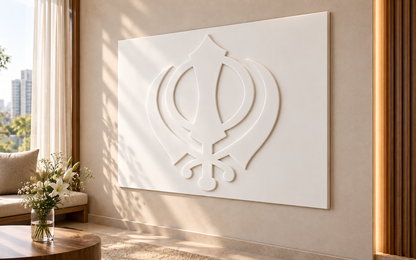 Khanda Emblem Corian Wall Panel CWP-430, right view in a luxury Mumbai quiet reflection room; white Corian relief concept visualisation