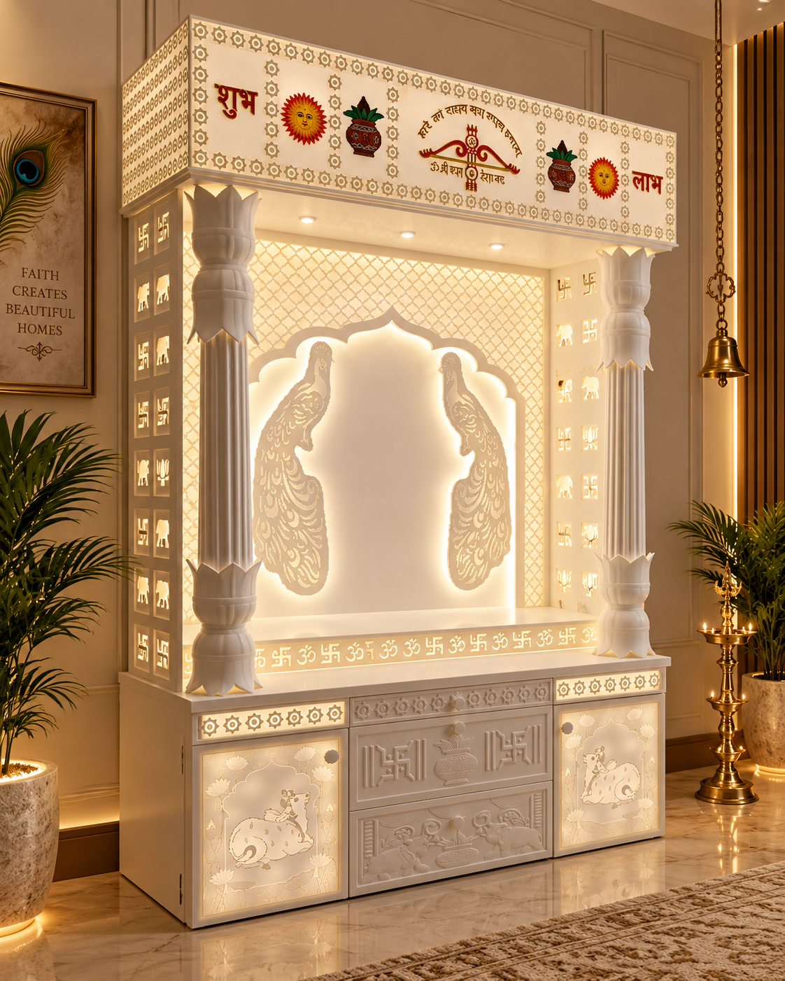 Styled interior visualisation of Khatu Shyam Corian mandir positioned against a wall with backlighting on
