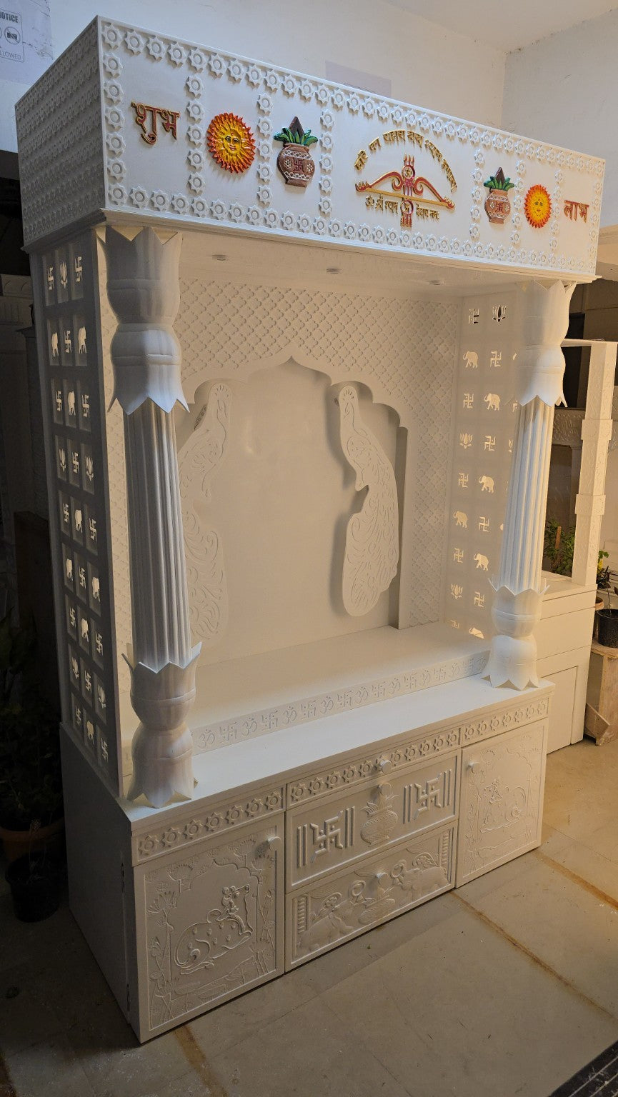 Original angled photograph of the imported Corian mandir with lights off