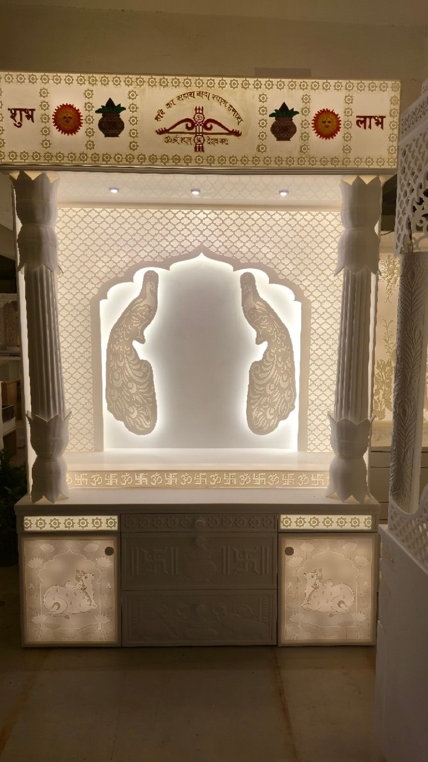 Original showroom photograph of the front of the backlit Khatu Shyam Corian mandir