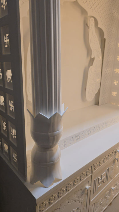 Original close-up of solid Corian lotus pillar, fluted shaft and carved storage