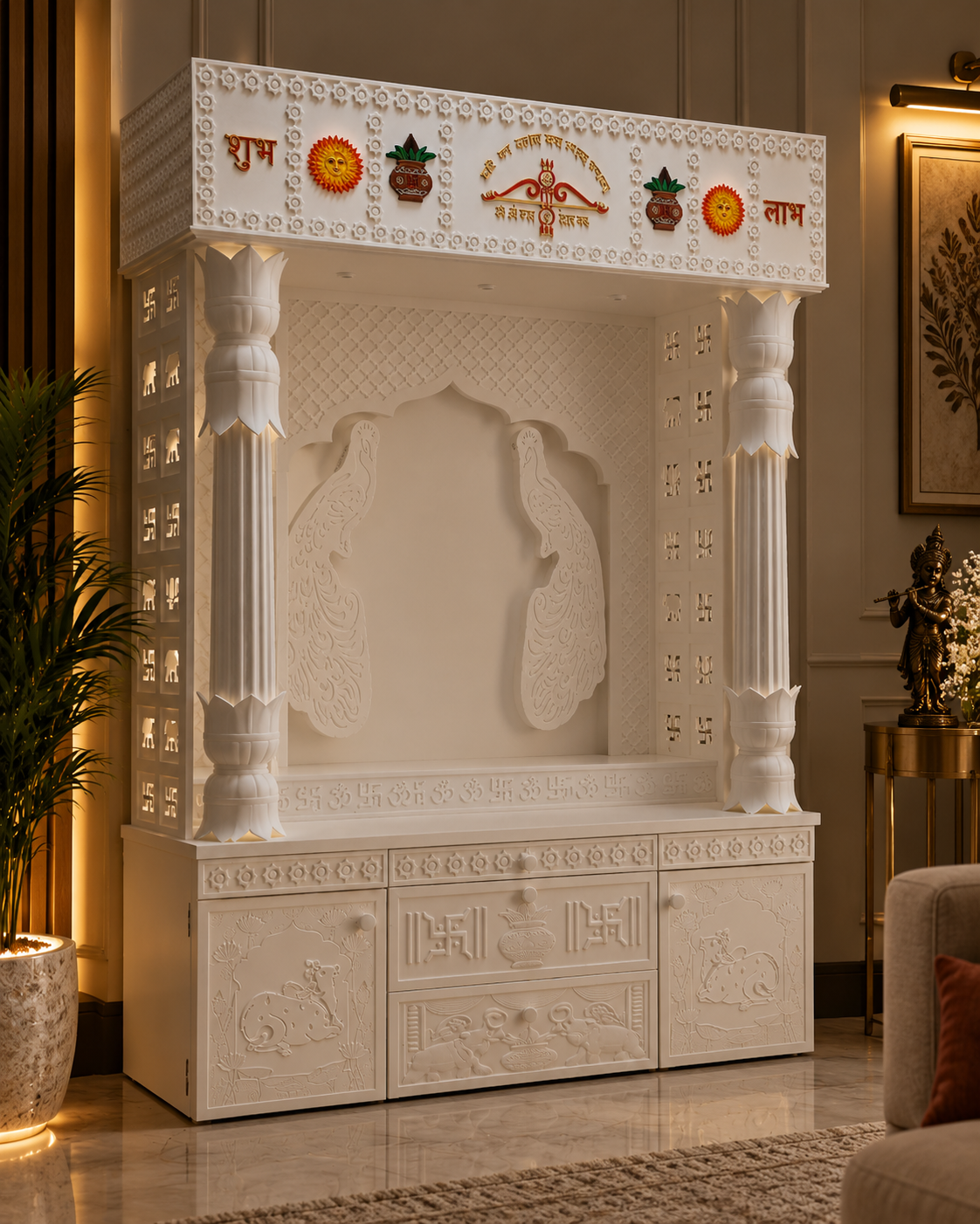 Styled angled view of the white Corian mandir with temple lights switched off