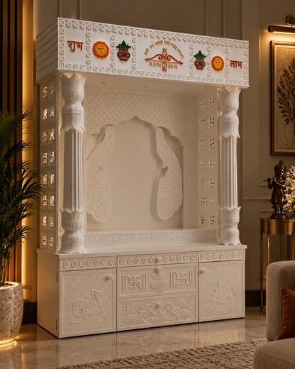 Styled angled view of the white Corian mandir with temple lights switched off