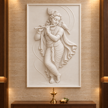 Krishna Birdsong Flute Corian wall panel, front view in a Mumbai dedicated pooja room; AI-assisted concept visualisation