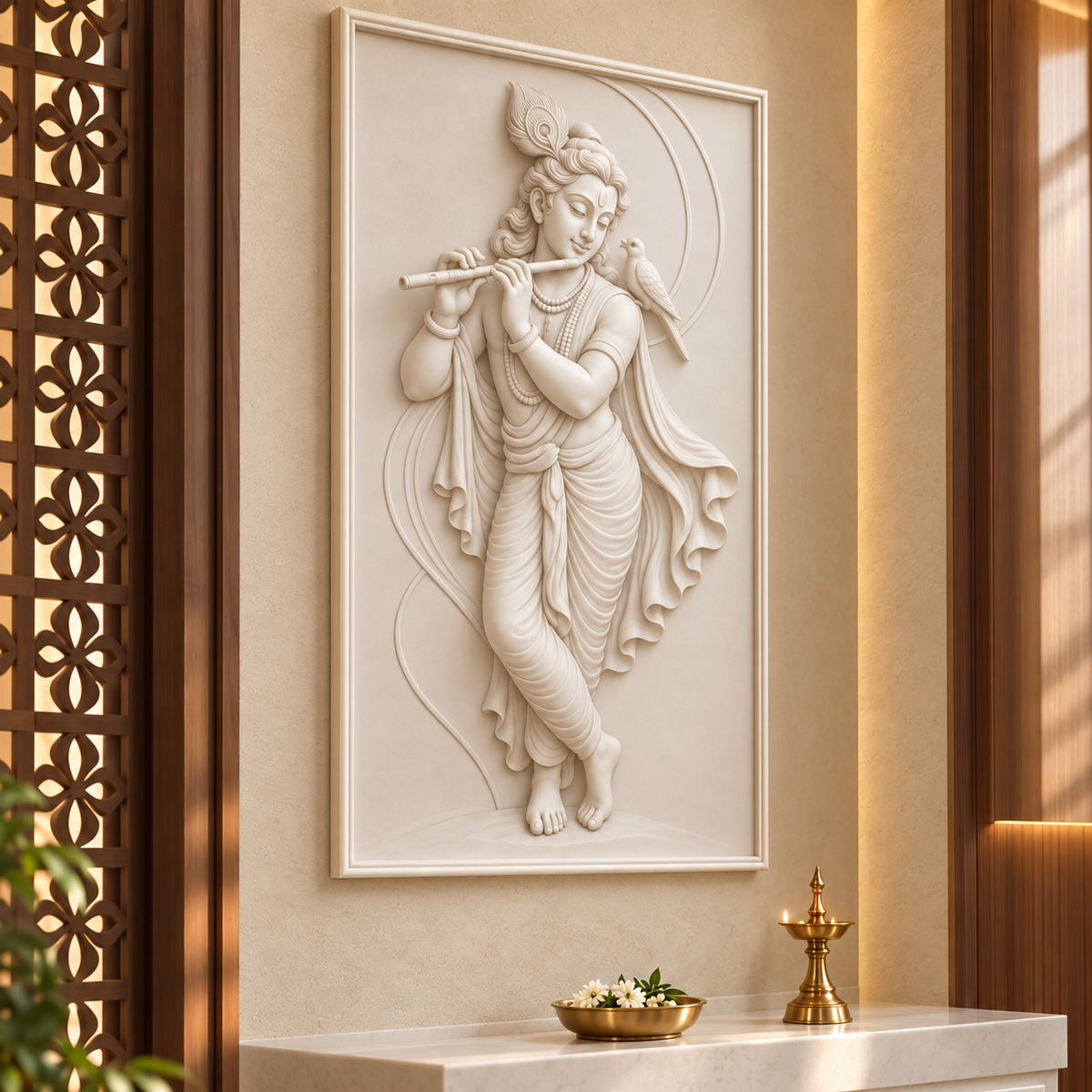 Krishna Birdsong Flute Corian wall panel, left view in a Mumbai family prayer alcove; AI-assisted concept visualisation