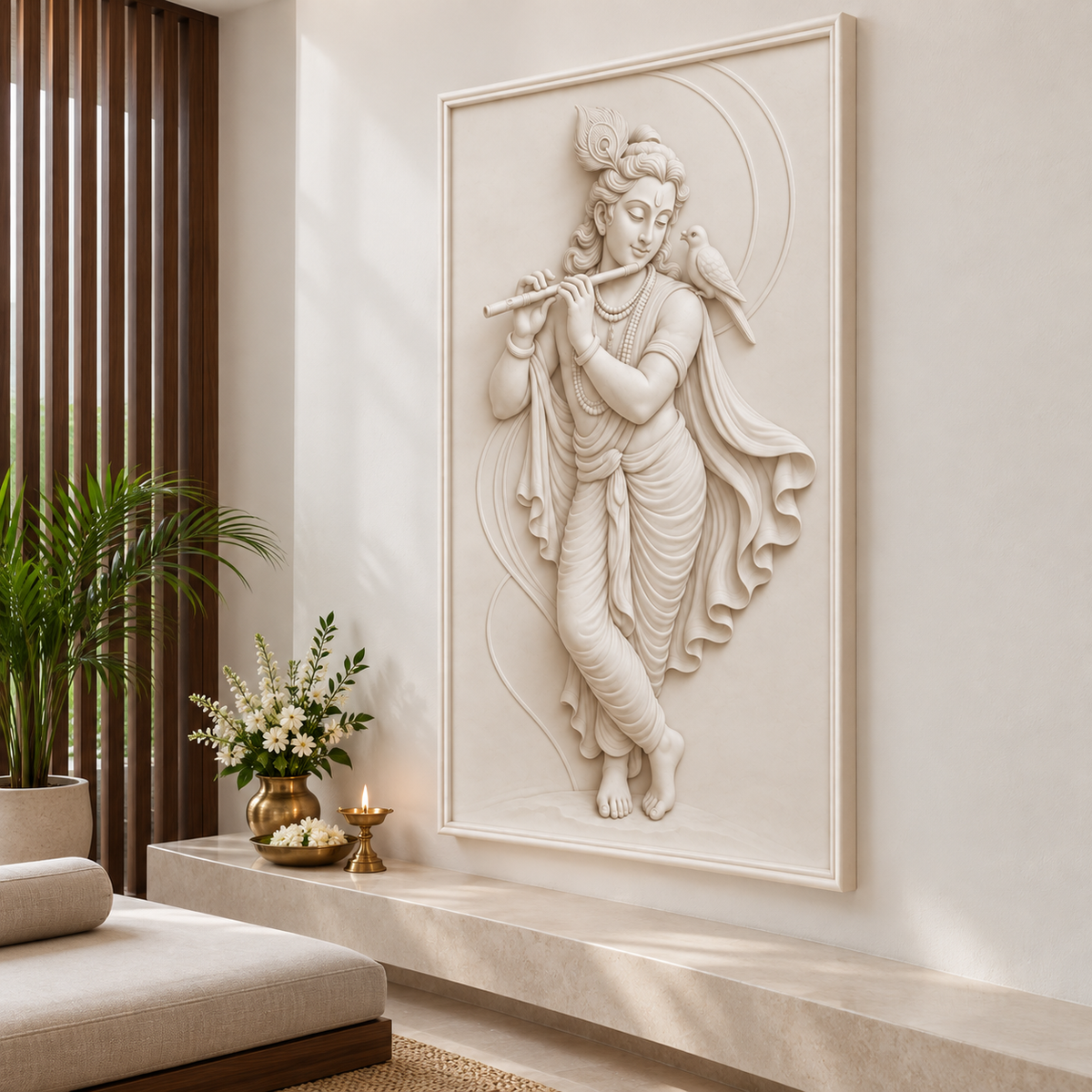 Krishna Birdsong Flute Corian wall panel, right view in a Mumbai devotional sitting room; AI-assisted concept visualisation