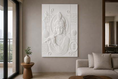 Krishna Botanical Geometry white Corian wall panel, front view in a Mumbai home interior visualisation