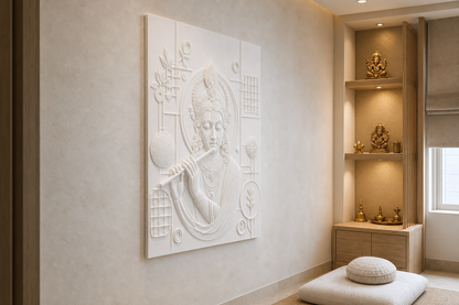Krishna Botanical Geometry white Corian wall panel, left angle view in a Mumbai home interior visualisation