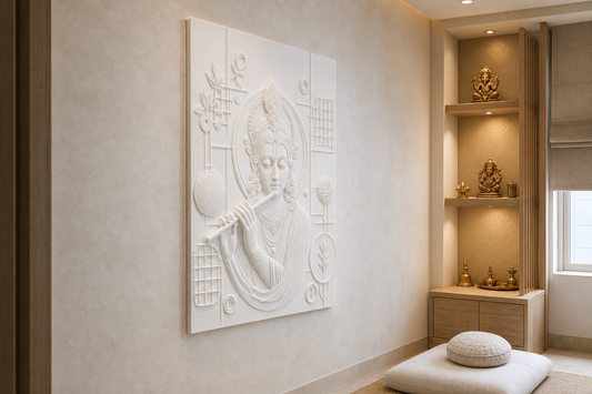 Krishna Botanical Geometry white Corian wall panel, left angle view in a Mumbai home interior visualisation