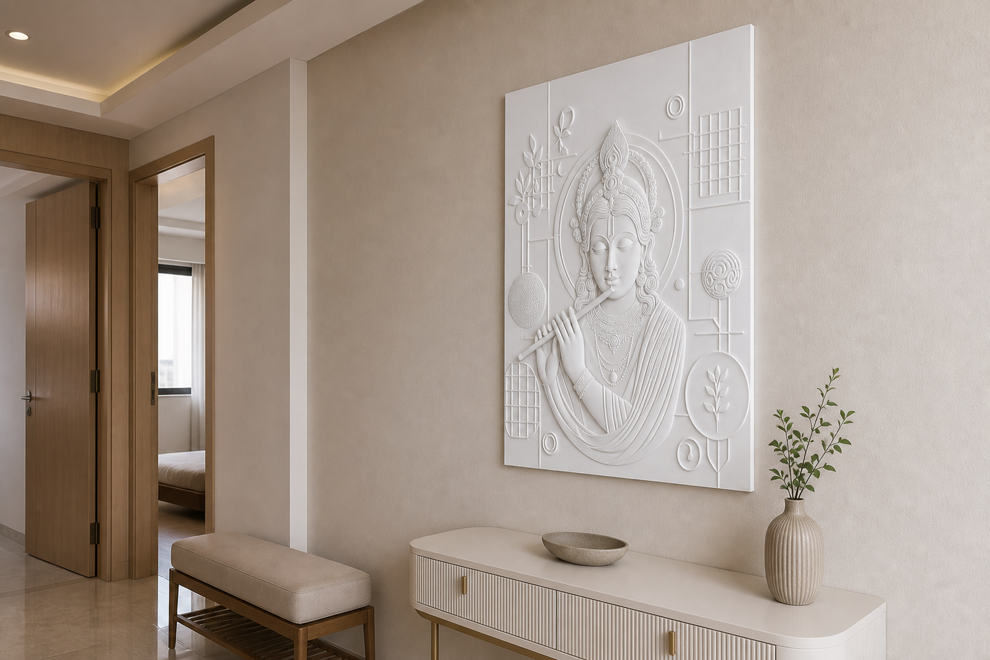 Krishna Botanical Geometry white Corian wall panel, right angle view in a Mumbai home interior visualisation