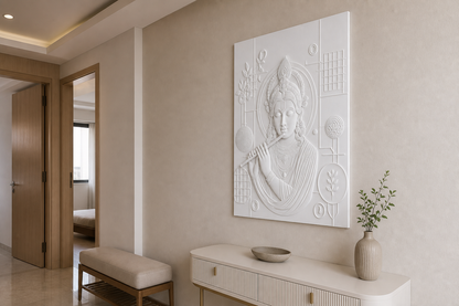 Krishna Botanical Geometry white Corian wall panel, right angle view in a Mumbai home interior visualisation
