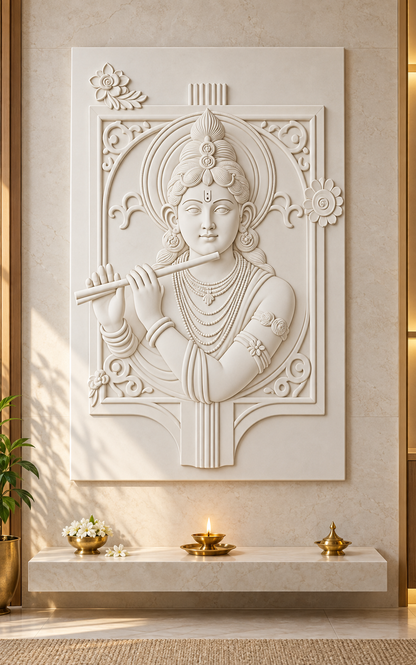 Krishna Flute Arch Corian wall panel, front view in a Mumbai home puja room; AI-assisted concept visualisation