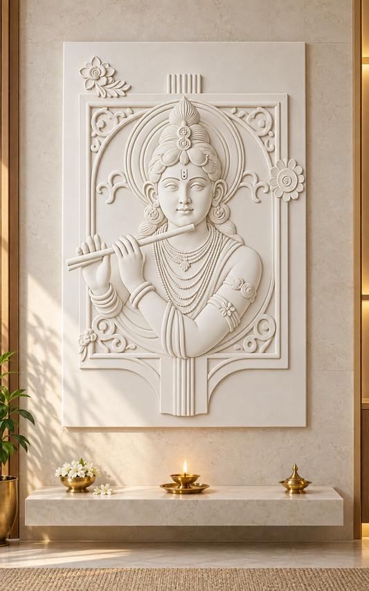 Krishna Flute Arch Corian wall panel, front view in a Mumbai home puja room; AI-assisted concept visualisation