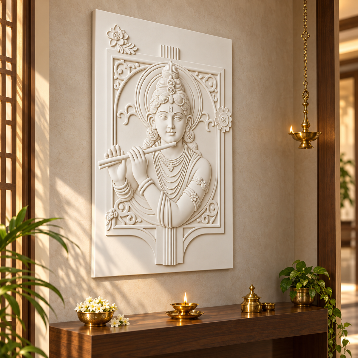 Krishna Flute Arch Corian wall panel, left view in a Mumbai prayer alcove; AI-assisted concept visualisation