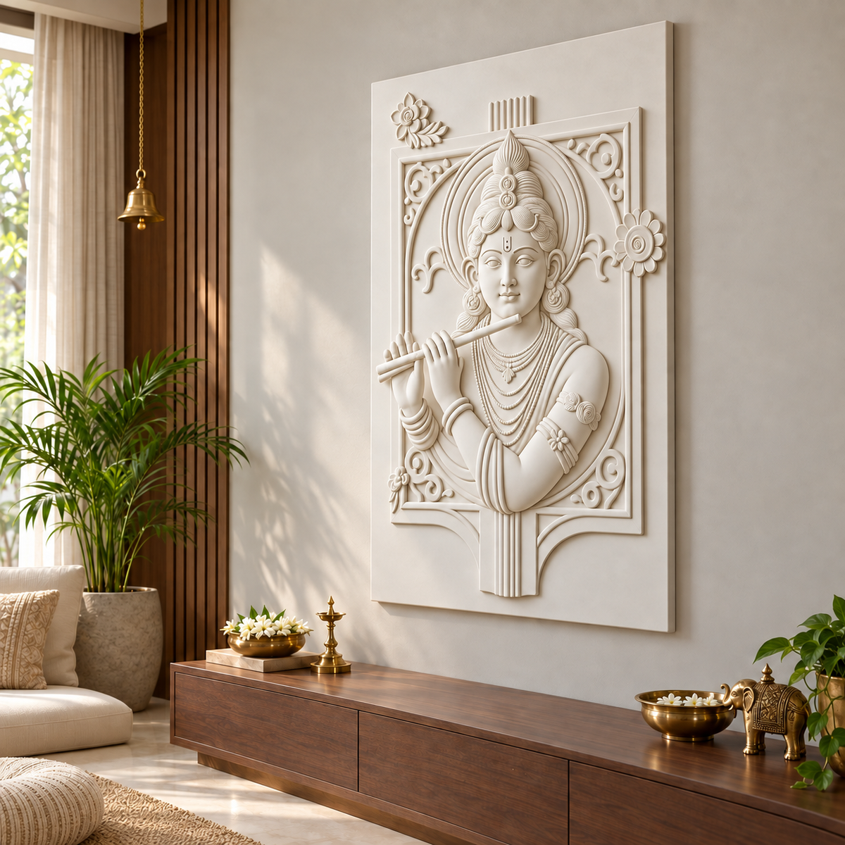Krishna Flute Arch Corian wall panel, right view in a Mumbai devotional sitting room; AI-assisted concept visualisation
