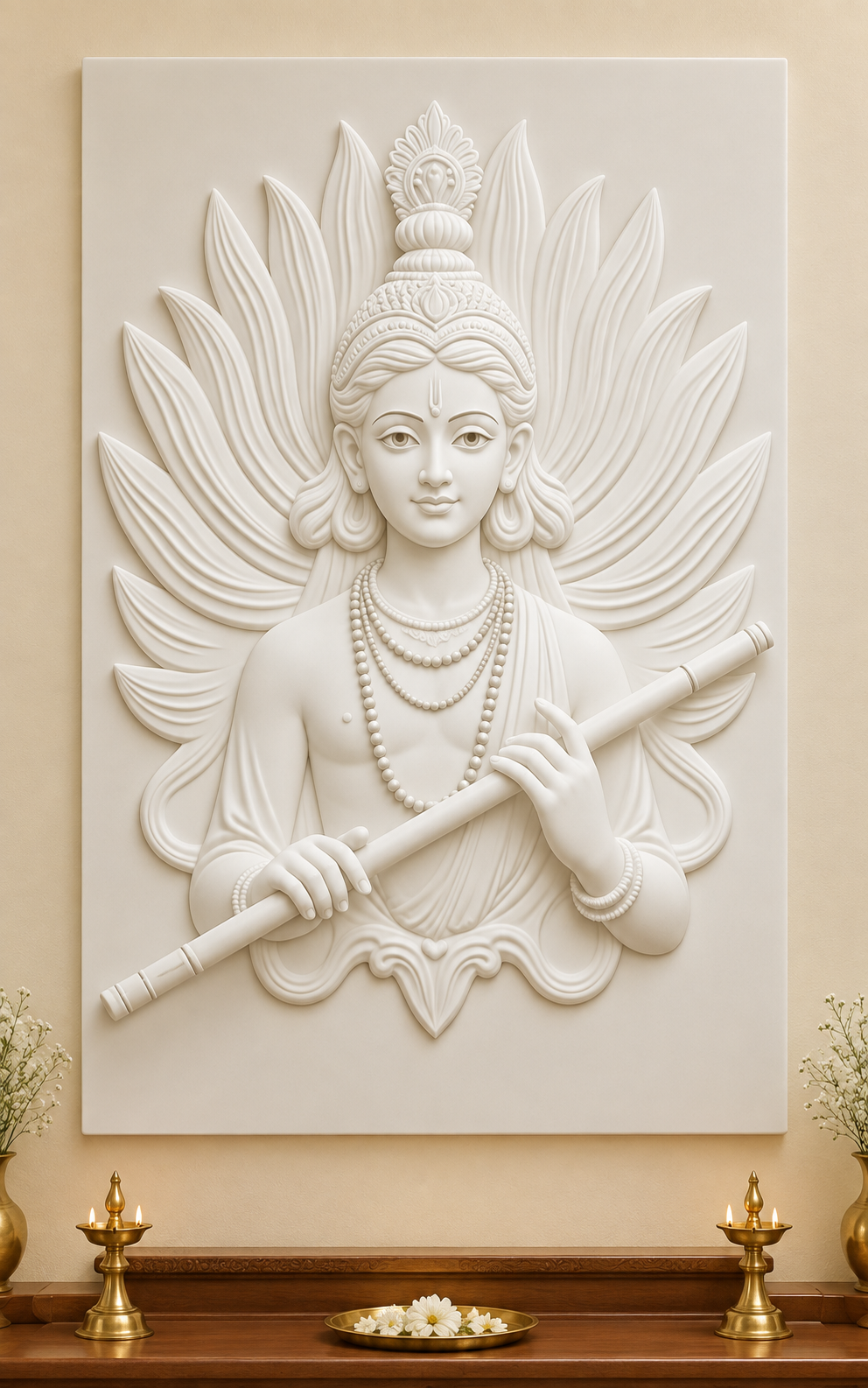 Krishna Flute Feather Aureole satin white Corian wall panel, front view in a warm ivory Mumbai pooja room with a low teak altar.