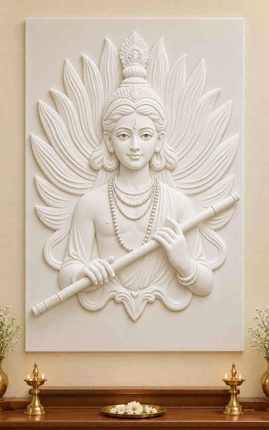 Krishna Flute Feather Aureole satin white Corian wall panel, front view in a warm ivory Mumbai pooja room with a low teak altar.
